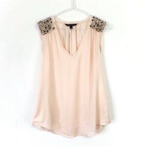 Banana Republic Woman Pastel Pink Satin Beaded V-Neck Sleeveless Blouse SMALL